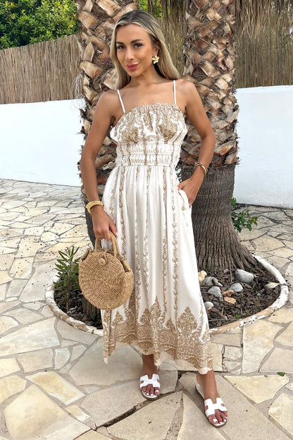 Cream Boho Vine Print Strappy Shirred Waist Midi Dress