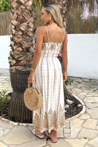 Cream Boho Vine Print Strappy Shirred Waist Midi Dress
