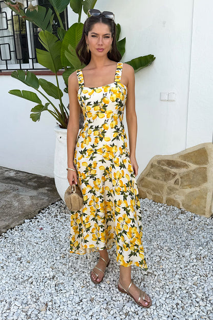 Cream Lemon Print Shirred Straps Button Detail Midi Dress