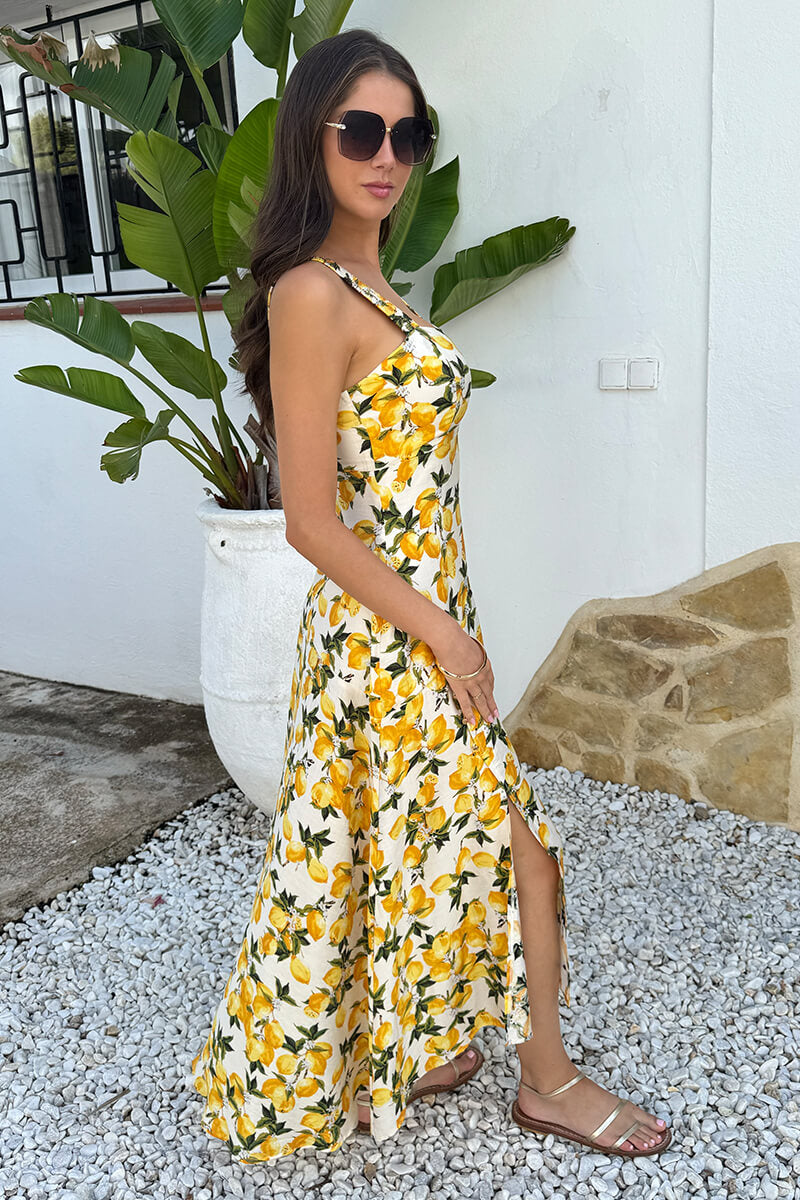 Cream Lemon Print Shirred Straps Button Detail Midi Dress