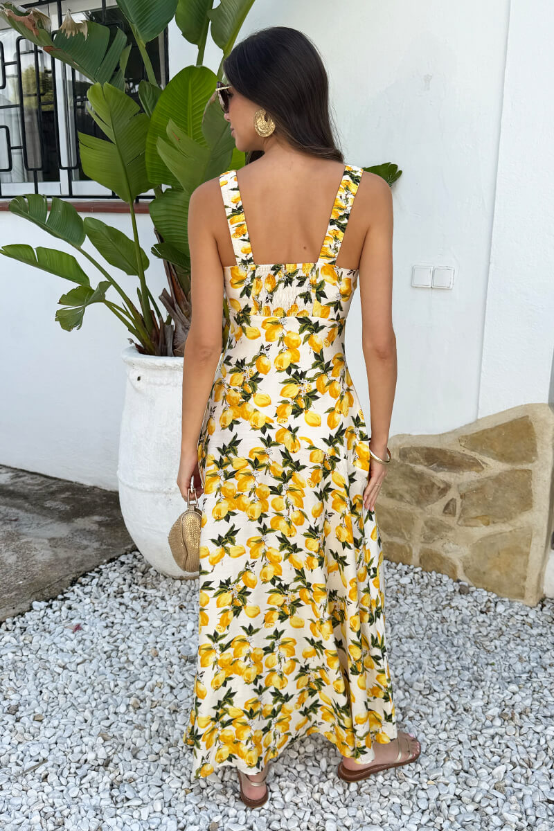 Cream Lemon Print Shirred Straps Button Detail Midi Dress