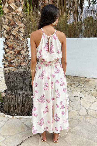 Pink And Cream Beach Print Tie Racer Neck Shirred Waist Midi Dress