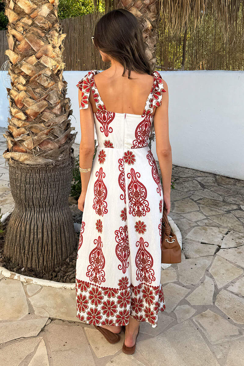Red And White Floral Border Print Tie Strap Midi Dress