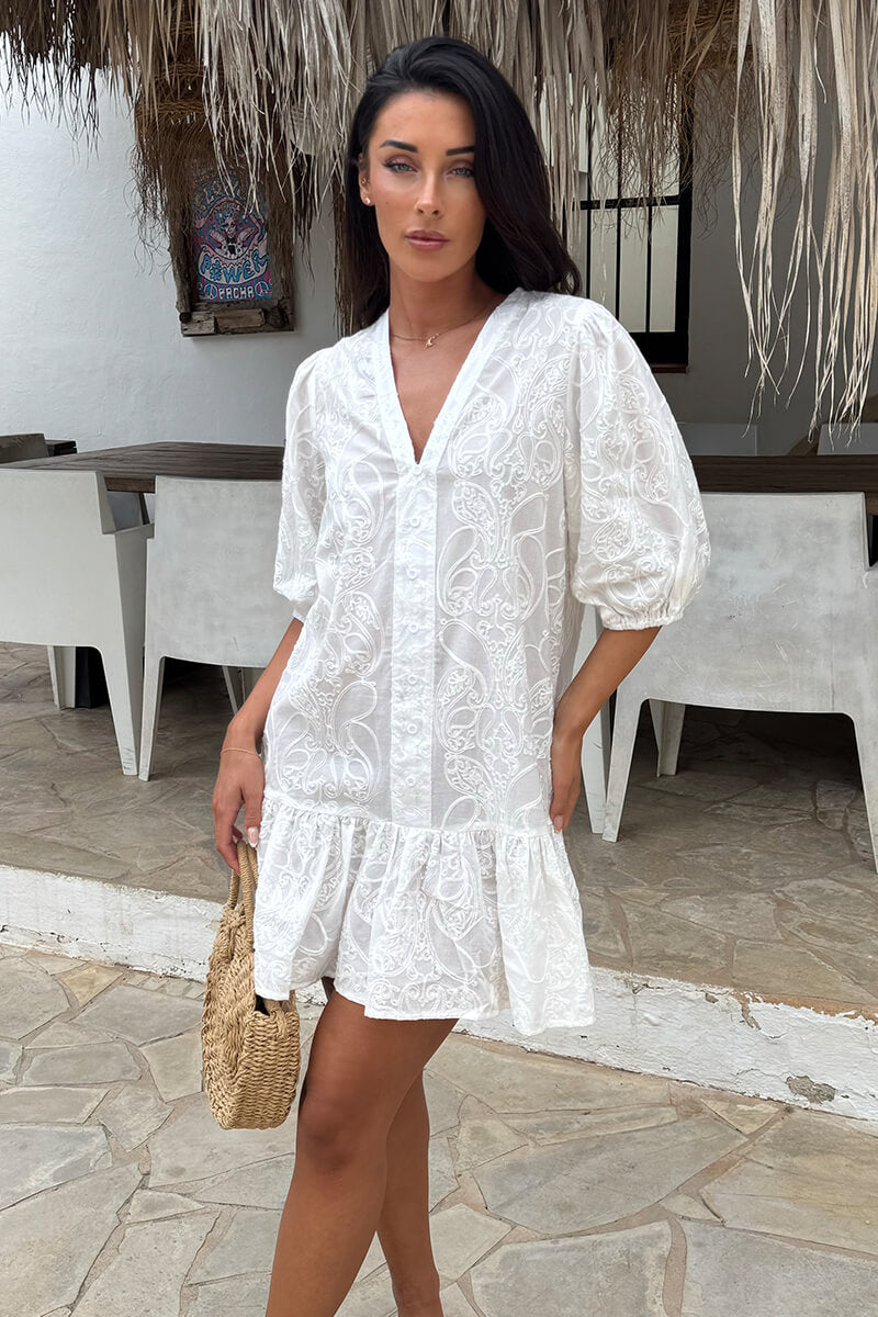White Paisley Embroidered Button Front Frill Hem Mini Dress