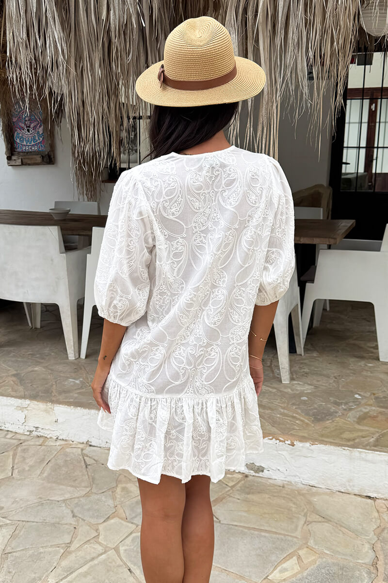 White Paisley Embroidered Button Front Frill Hem Mini Dress