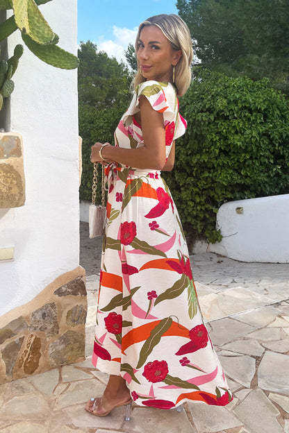 Multi Floral Print Wrap Top Belted Midi Dress