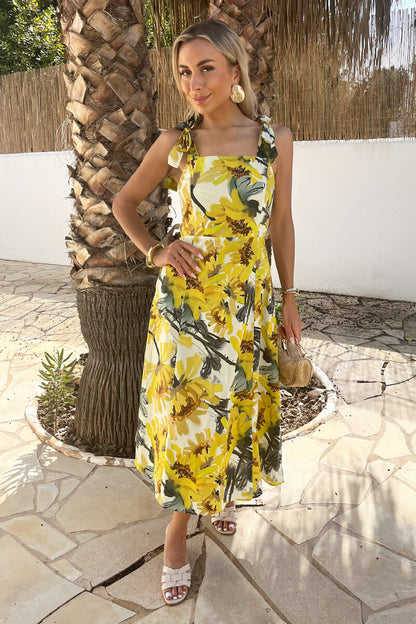 Yellow Sunflower Print Tie Strap Midi Dress