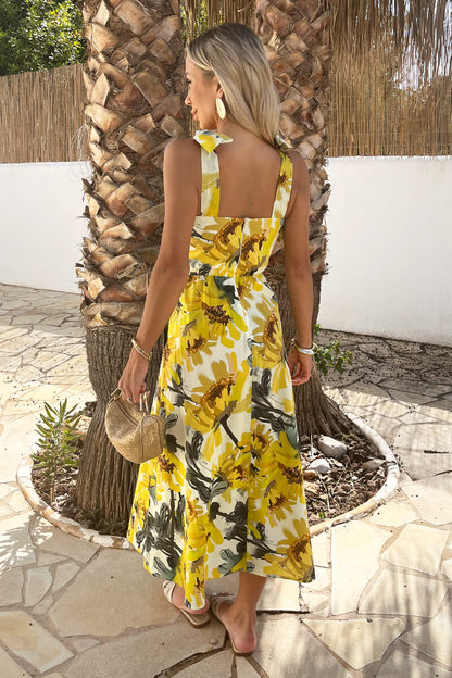 Yellow Sunflower Print Tie Strap Midi Dress