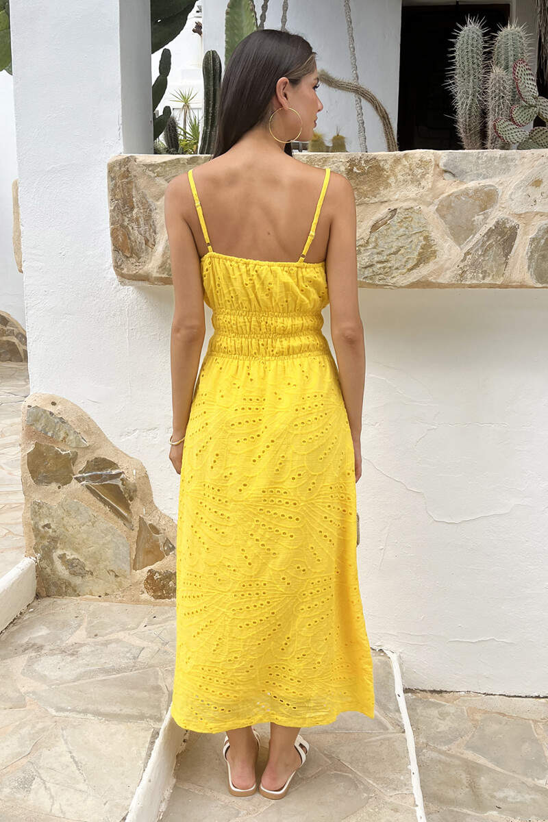 Yellow Broderie Strappy Shirred Waist Midi Dress