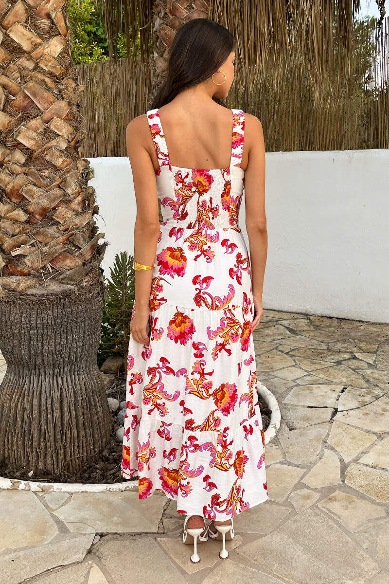 Multi Floral Print Shirred Straps Tiered Midi Dress