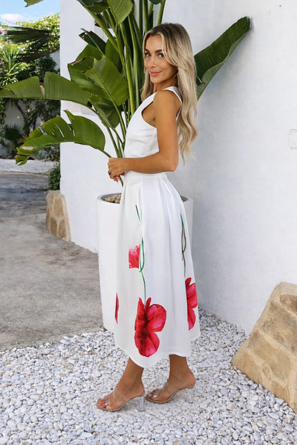 Cream Floral Printed Skirt Racer Neck A-Line Midi Dress