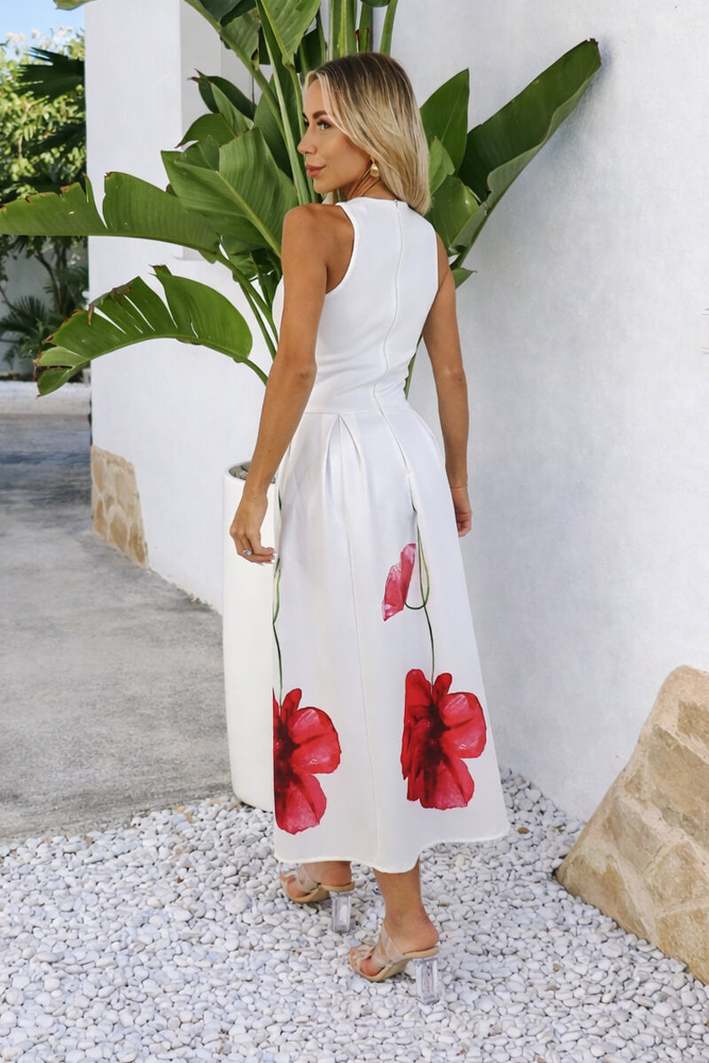Cream Floral Printed Skirt Racer Neck A-Line Midi Dress