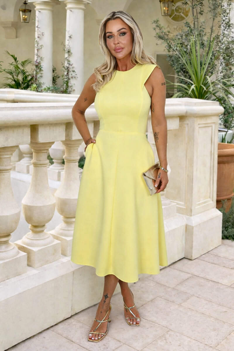 Soft Yellow Round Neck A-line Skirt Midi Dress