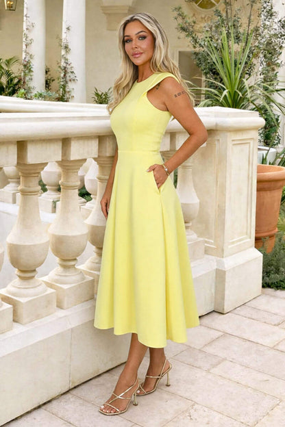 Soft Yellow Round Neck A-line Skirt Midi Dress