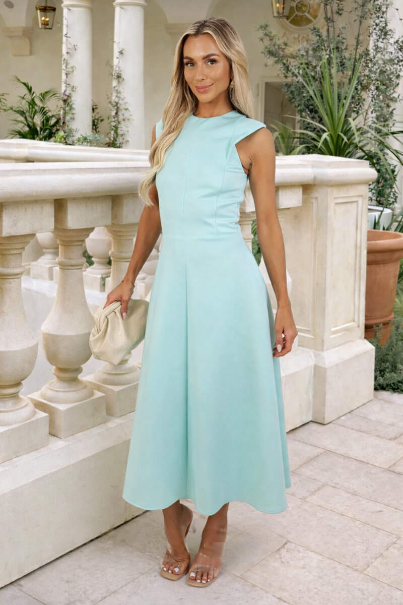 Mint Round Neck A-line Skirt Midi Dress