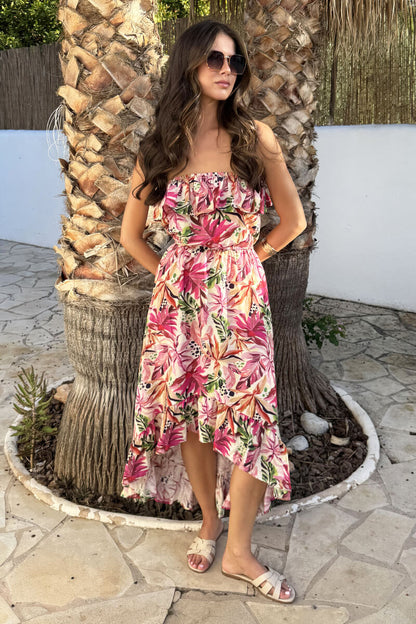 Multi Tropical Floral Print Bandeau Frill Midi Dress