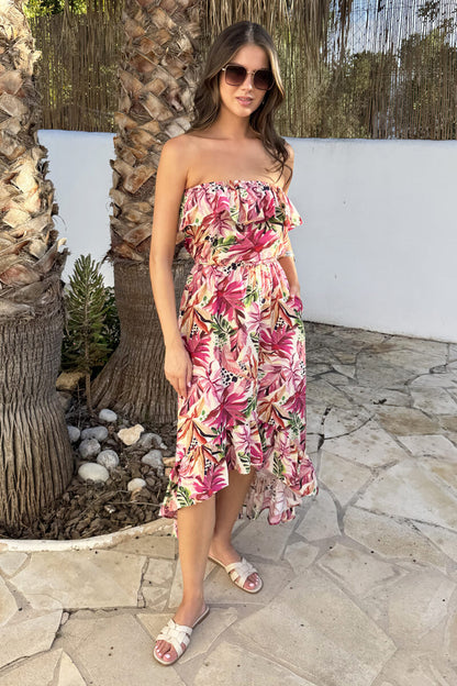 Multi Tropical Floral Print Bandeau Frill Midi Dress