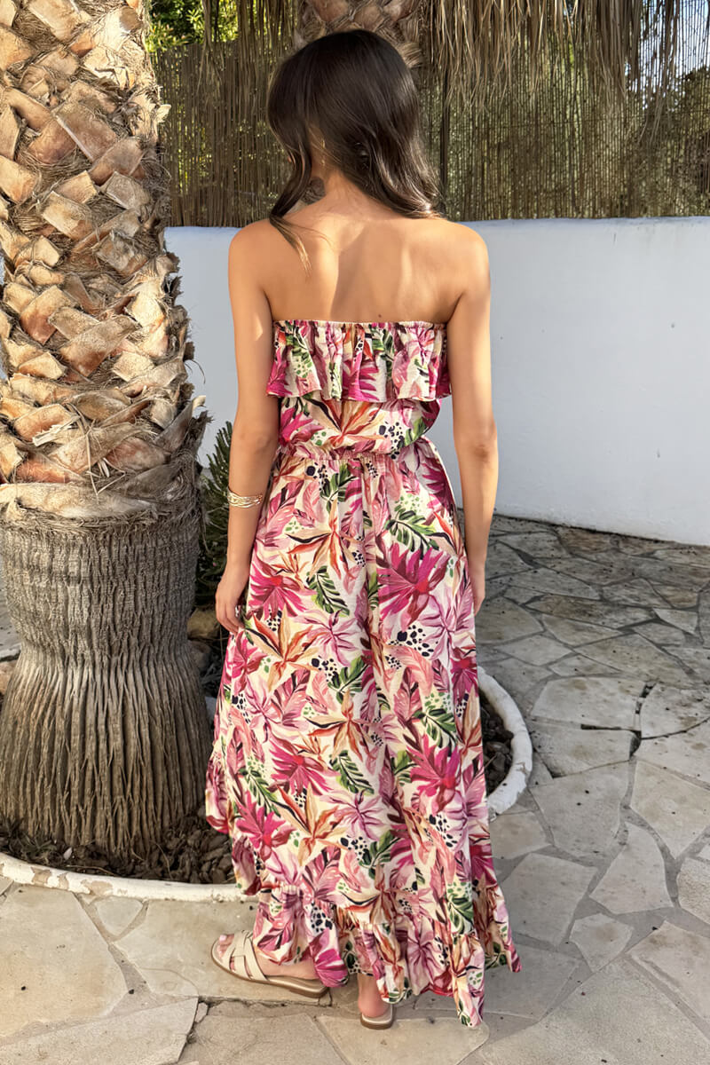Multi Tropical Floral Print Bandeau Frill Midi Dress
