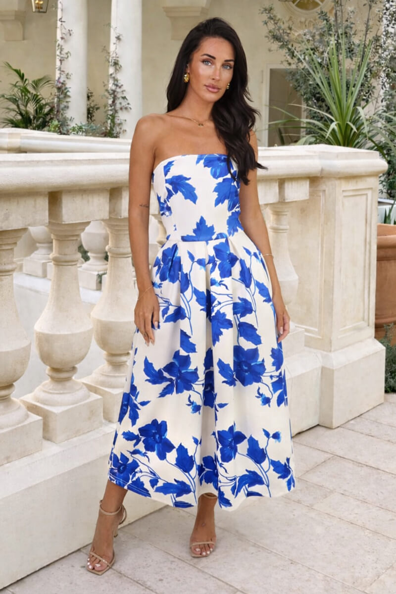 Blue And Cream Floral Print Bandeau A-Line Midi Dress