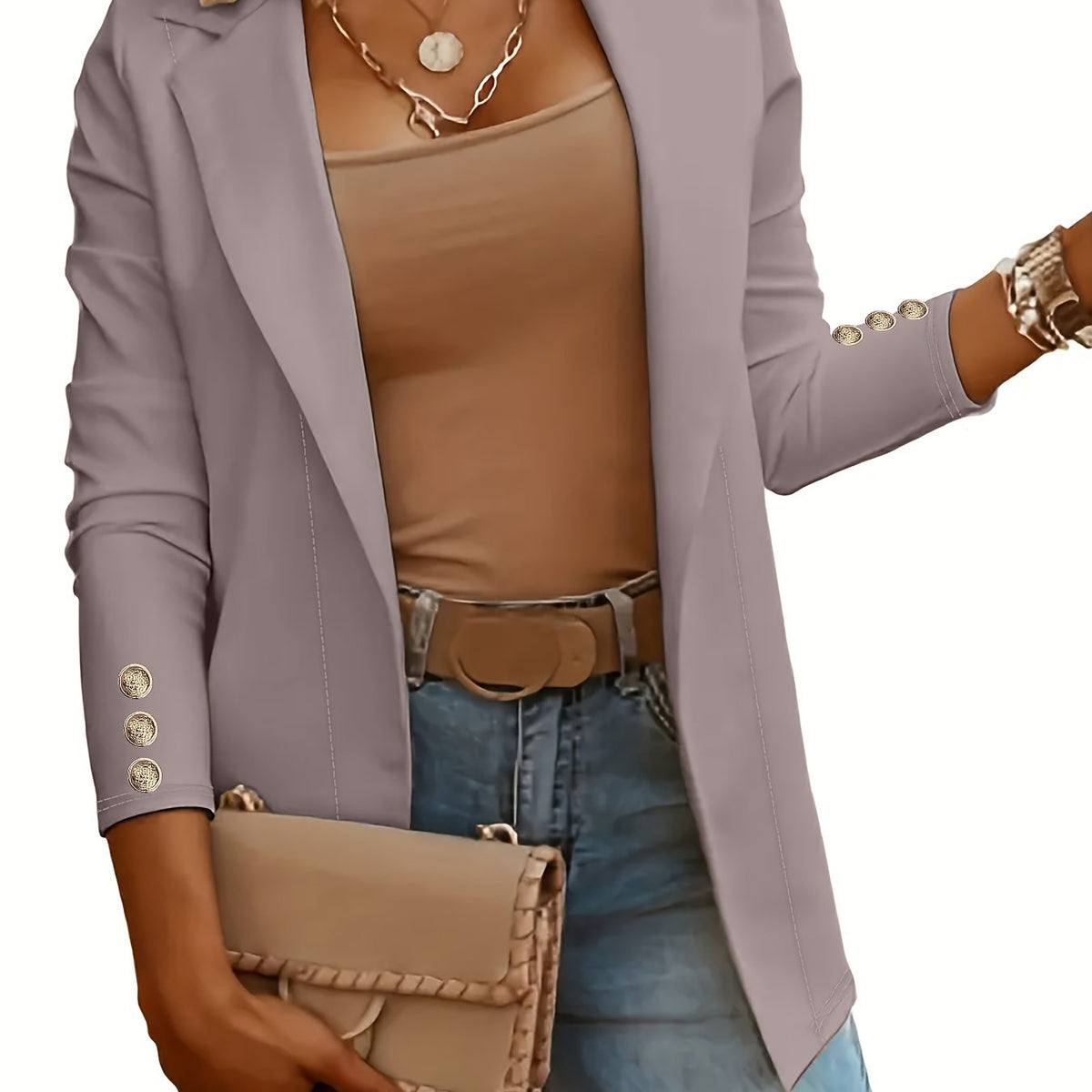 Mid-Length Lapel Coat with Decorative Button Cuffs