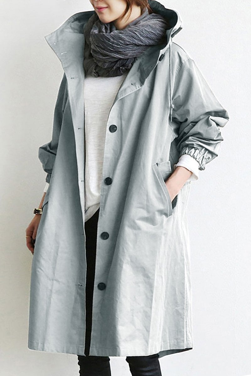 Mid-Length Hooded Jacket with Button Front and Shortened Sleeves