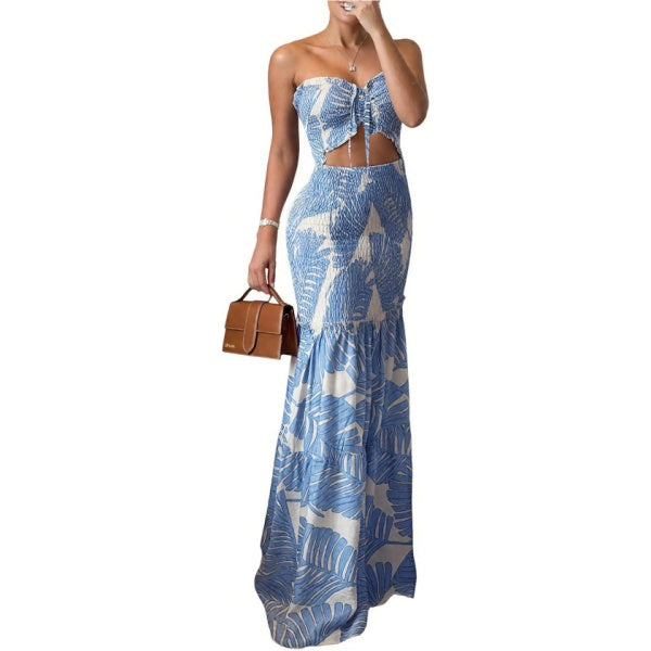 Strapless Leaf Print Maxi Dress