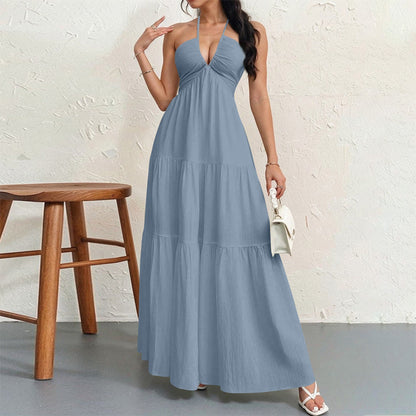 Backless halter-neck layered flowing long dress