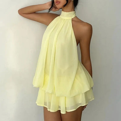 Backless halter-neck layered ruffle dress