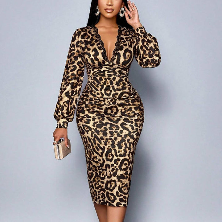 Wild Elegance Leopard Lace V-Neck Midi Dress