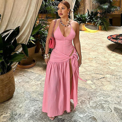 Backless Halter Bodysuit  High Slit Tie Waist Maxi Skirt Set