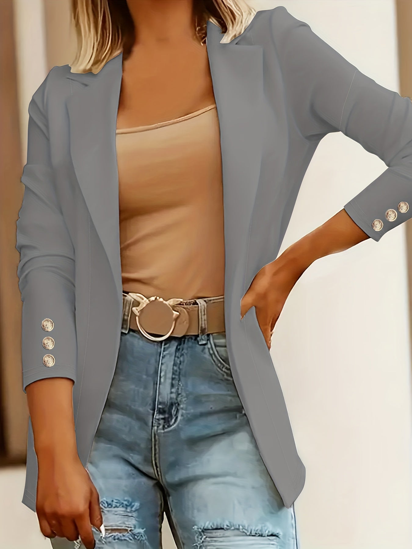 Mid-Length Lapel Coat with Decorative Button Cuffs