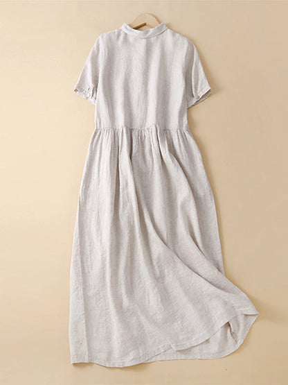 Lapels Cotton and Linen Midi Dress