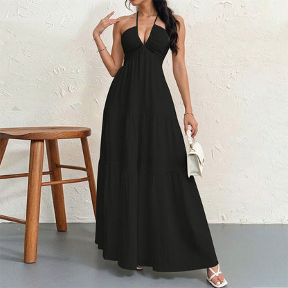 Backless halter-neck layered flowing long dress