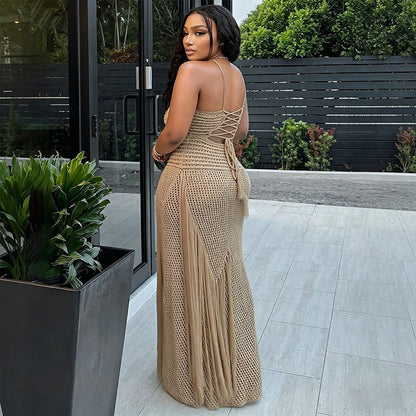 Knitted openwork tie-up tassel long skirt