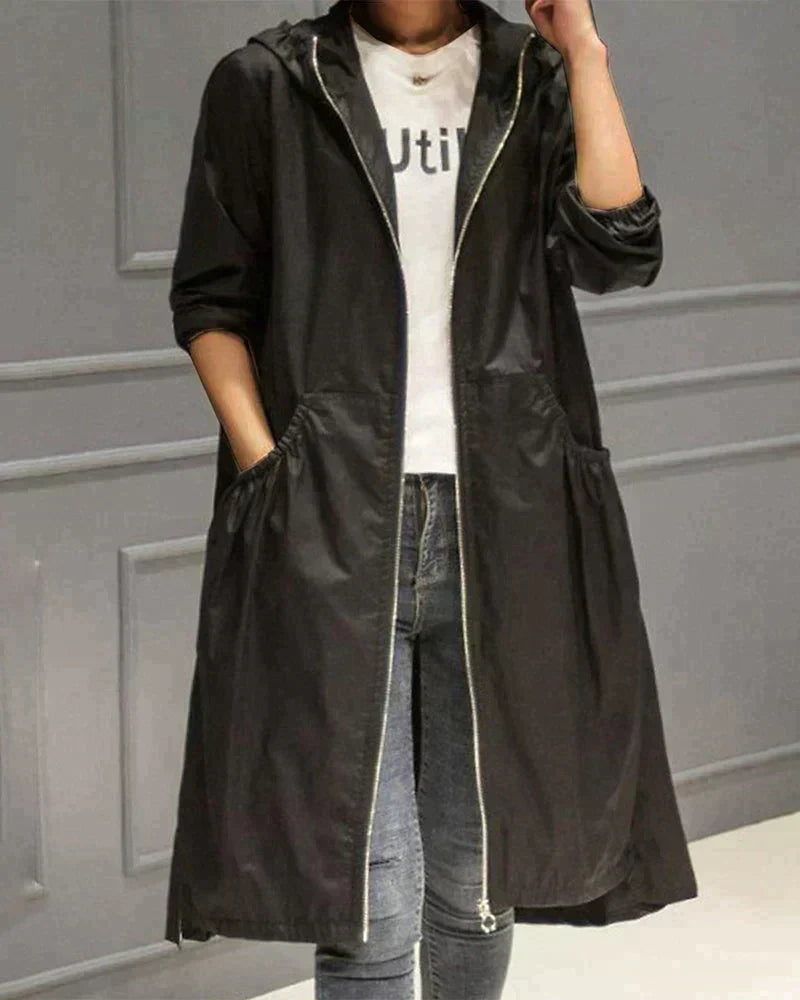 Long Rain Coat with Thigh-Length Coverage