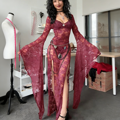 Gothic  Lace Bell Sleeve Slit Maxi Dress