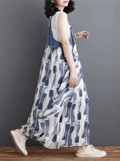 Denim Patchwork Watercolor Maxi Overall Dress