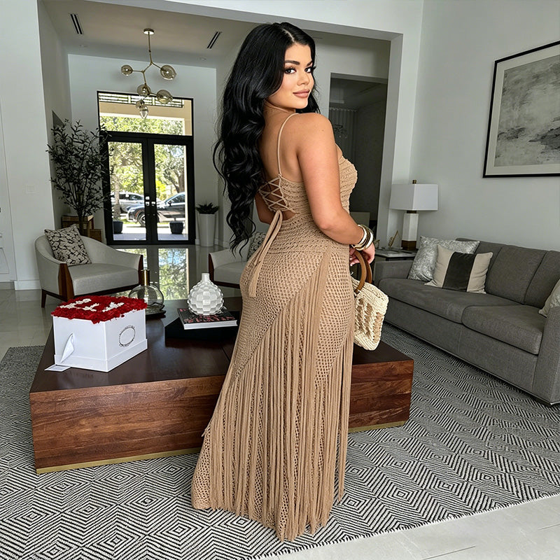 Knitted openwork tie-up tassel long skirt