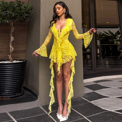 Deep V-neck Lace Ruffle Tie-up Long Sleeve Mini Dress