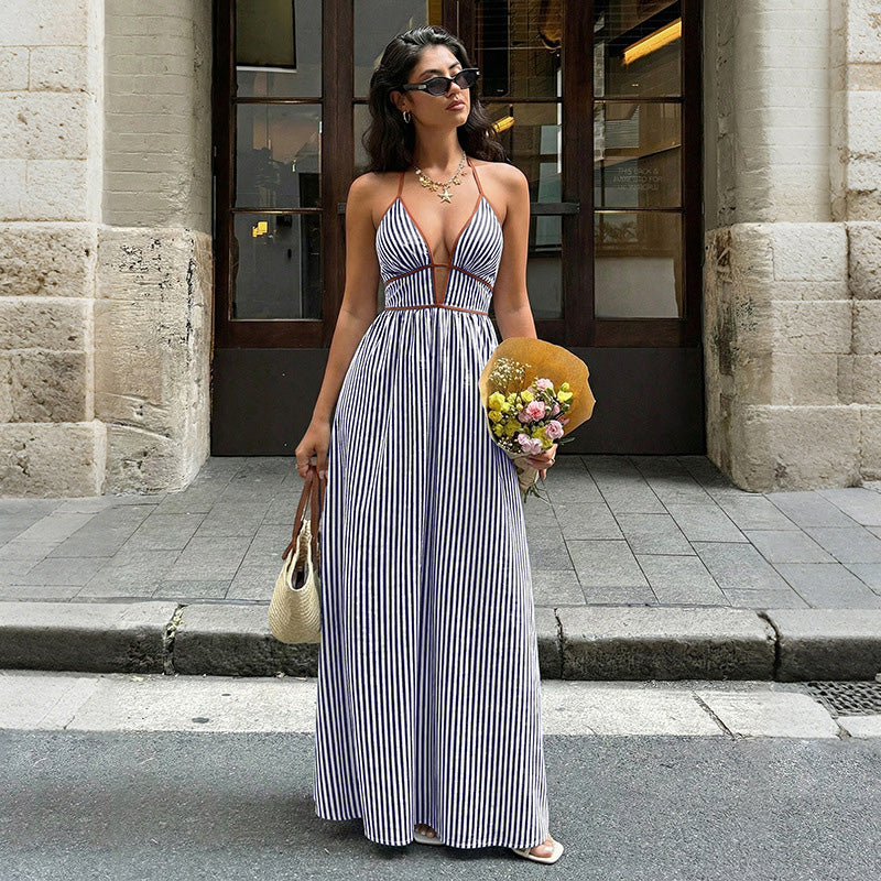 Retro striped rope-trimmed suspender maxi dress