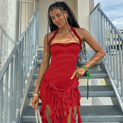 Halter neck ruffled fitted dress