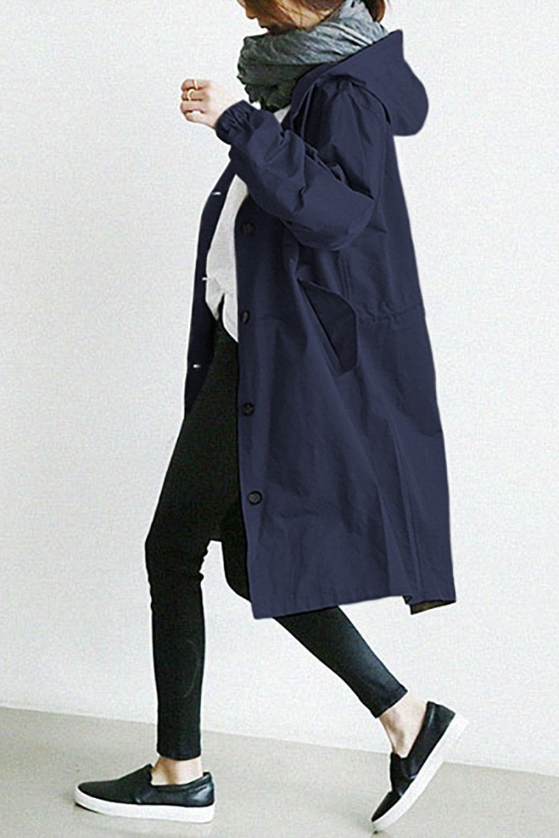 Mid-Length Hooded Jacket with Button Front and Shortened Sleeves