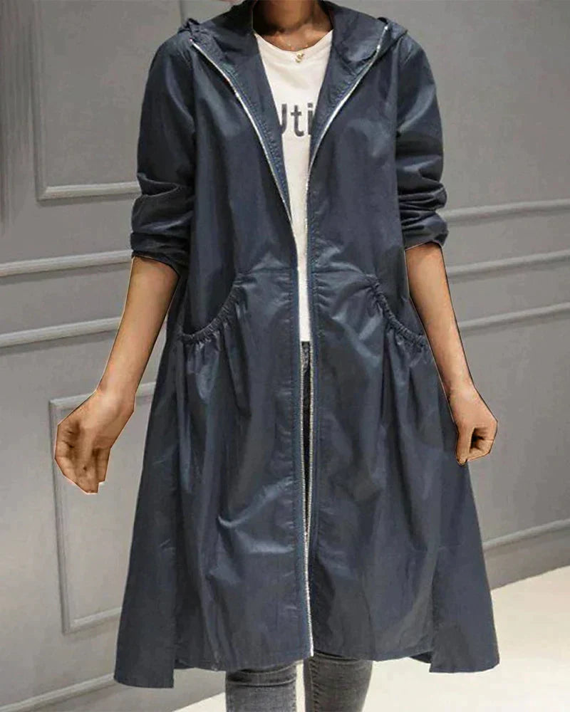 Long Rain Coat with Thigh-Length Coverage