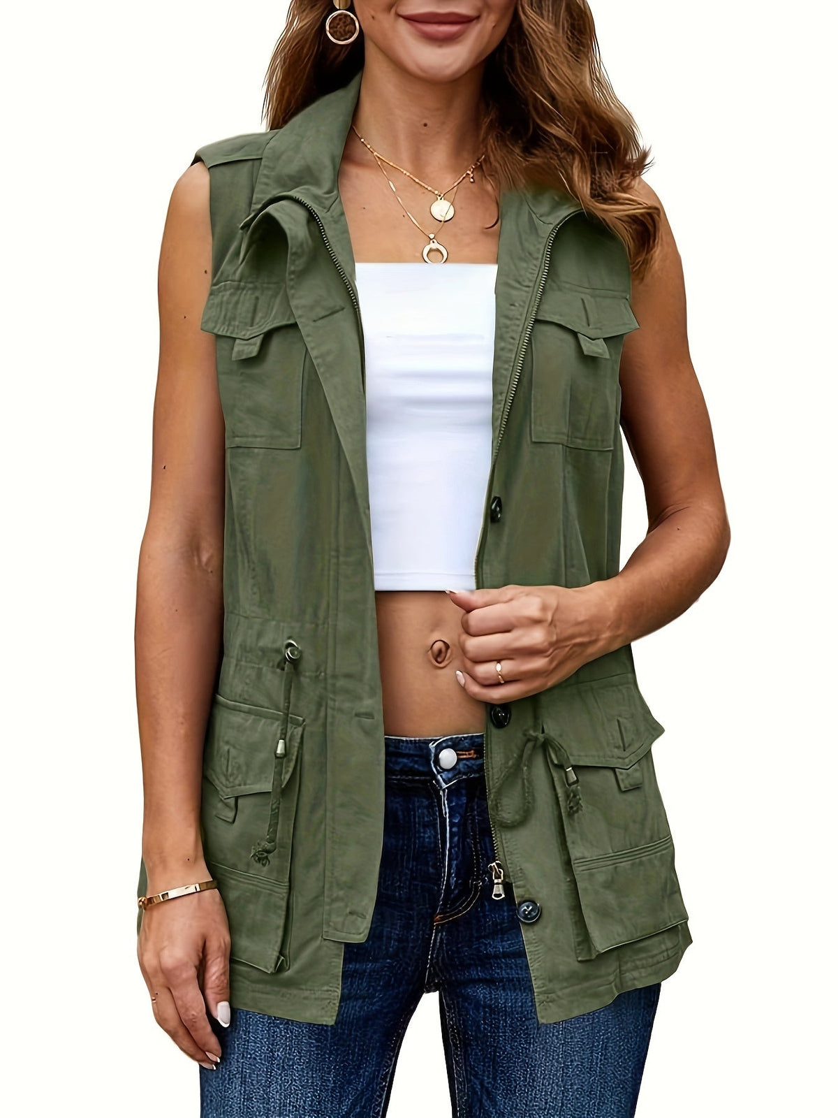 Sleeveless Drawstring Vest Jacket with Pockets