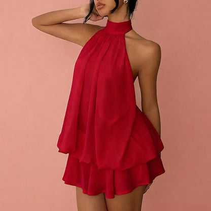 Backless halter-neck layered ruffle dress