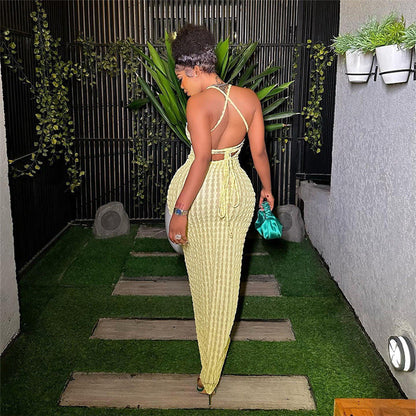 Slim-fit textured spaghetti strap maxi dress