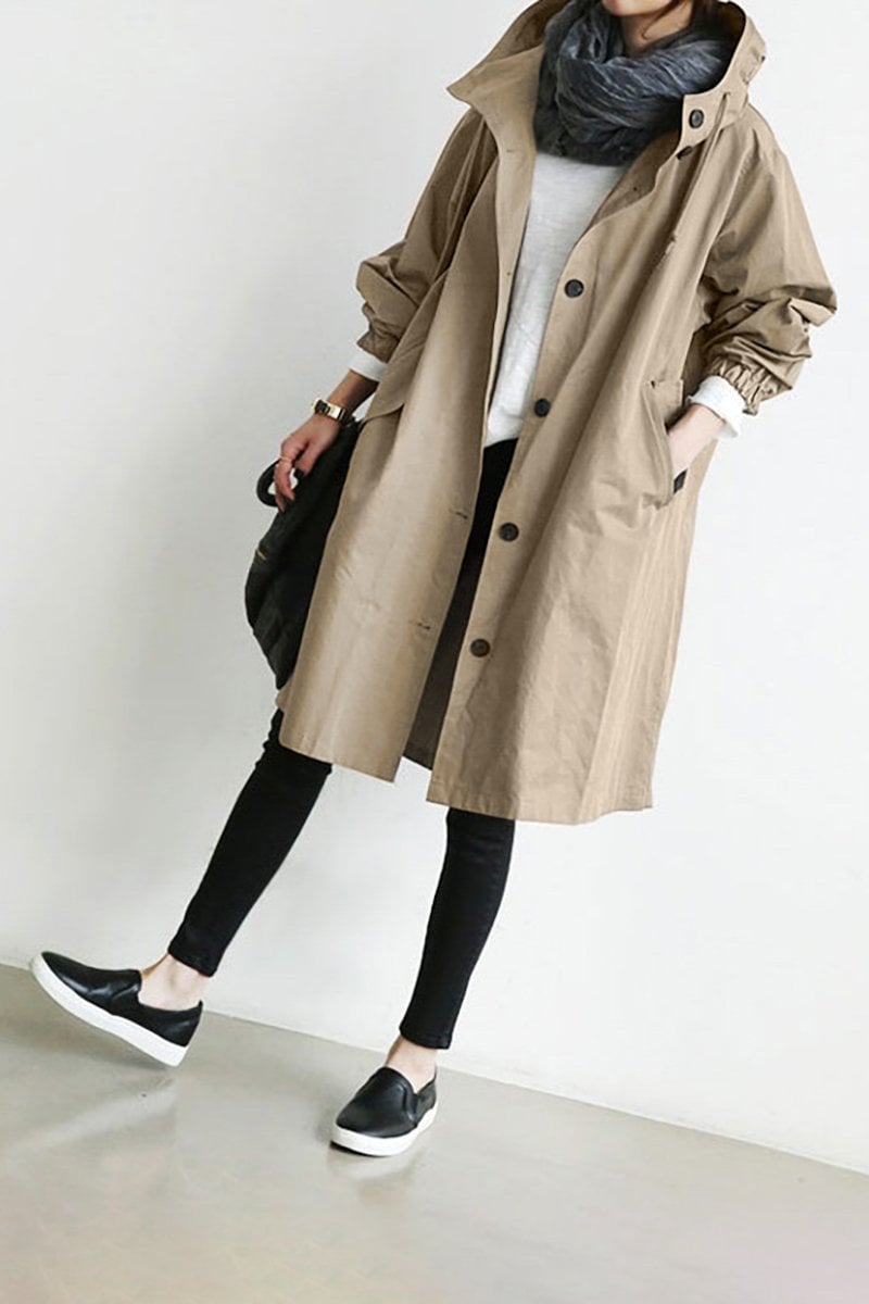 Mid-Length Hooded Jacket with Button Front and Shortened Sleeves