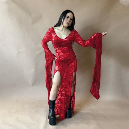 Gothic  Lace Bell Sleeve Slit Maxi Dress