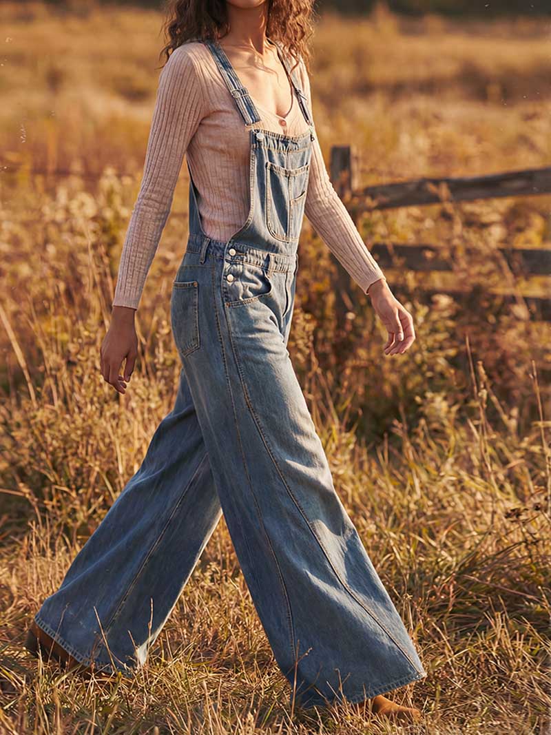 Wide-Leg Denim Overalls