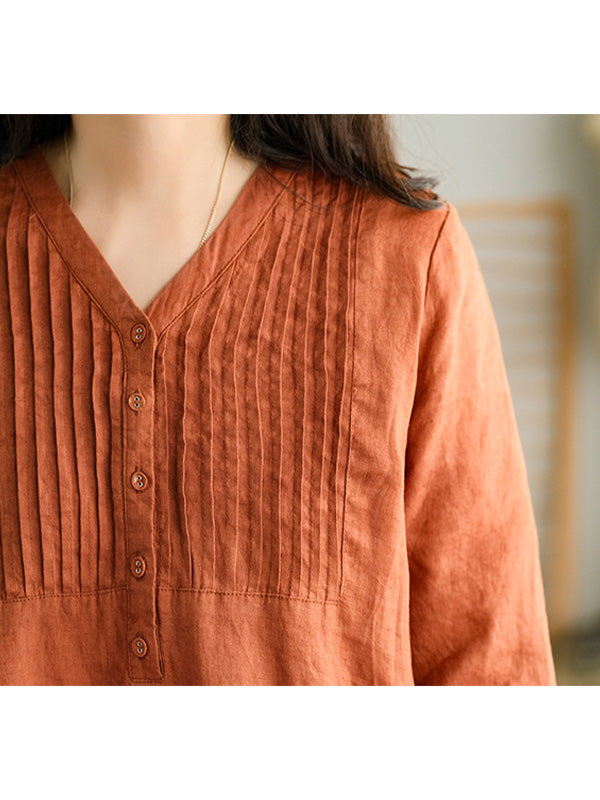 V Neck 1/2 Sleeve Gathered Loose Cotton Dress